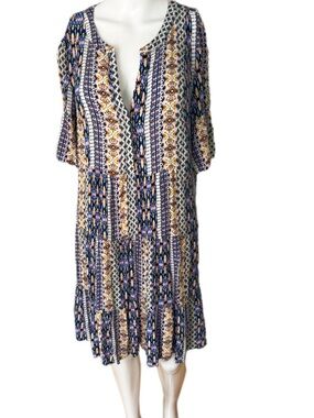 LOFT Multicolor Boho Print Dress in Navy, Pink & Yellow